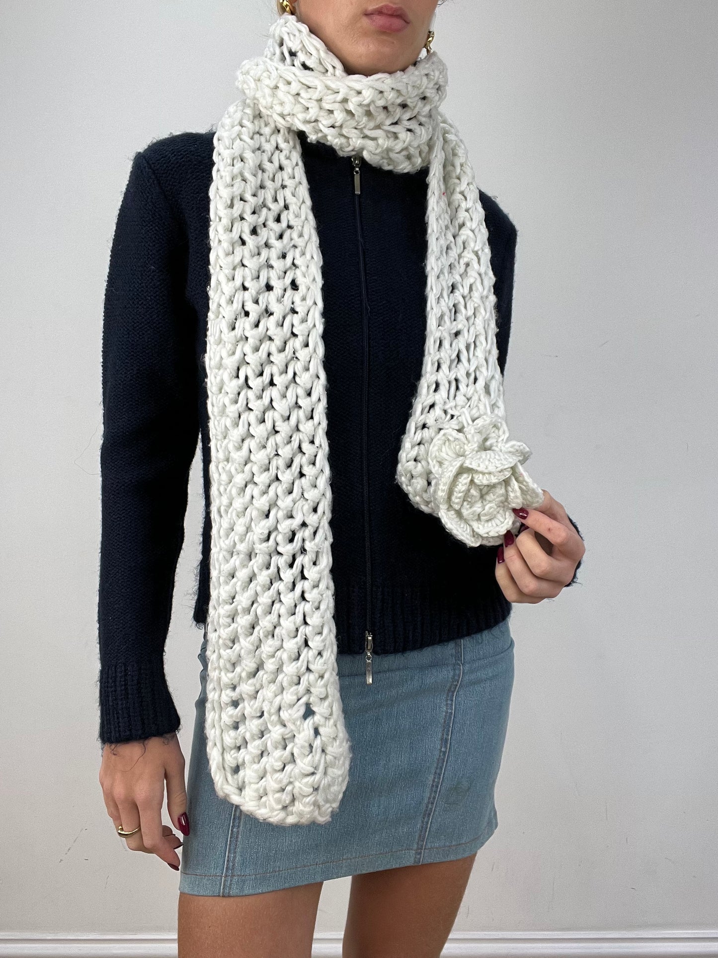 vintage edit twelve | white crochet scarf with flower detail