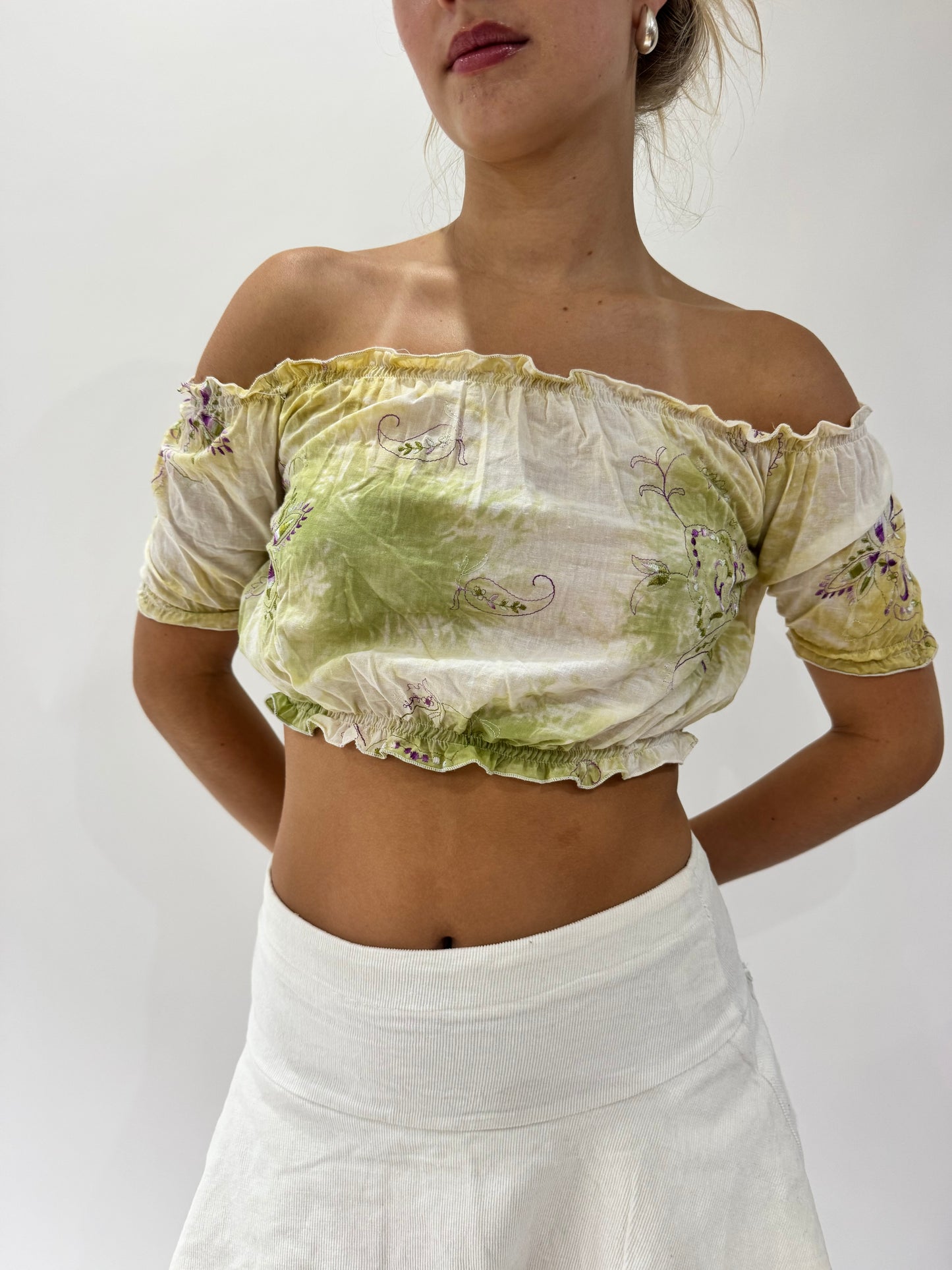 french summer drop | small green and white off the shoulder top