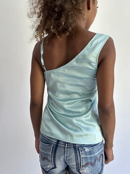 BEST PICKS | small light blue satin style asymmetric cami top