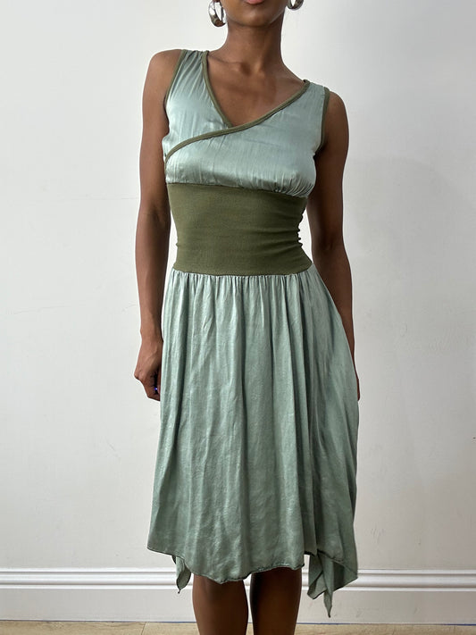 midsummer edit | small sage green asymmetric midi dress