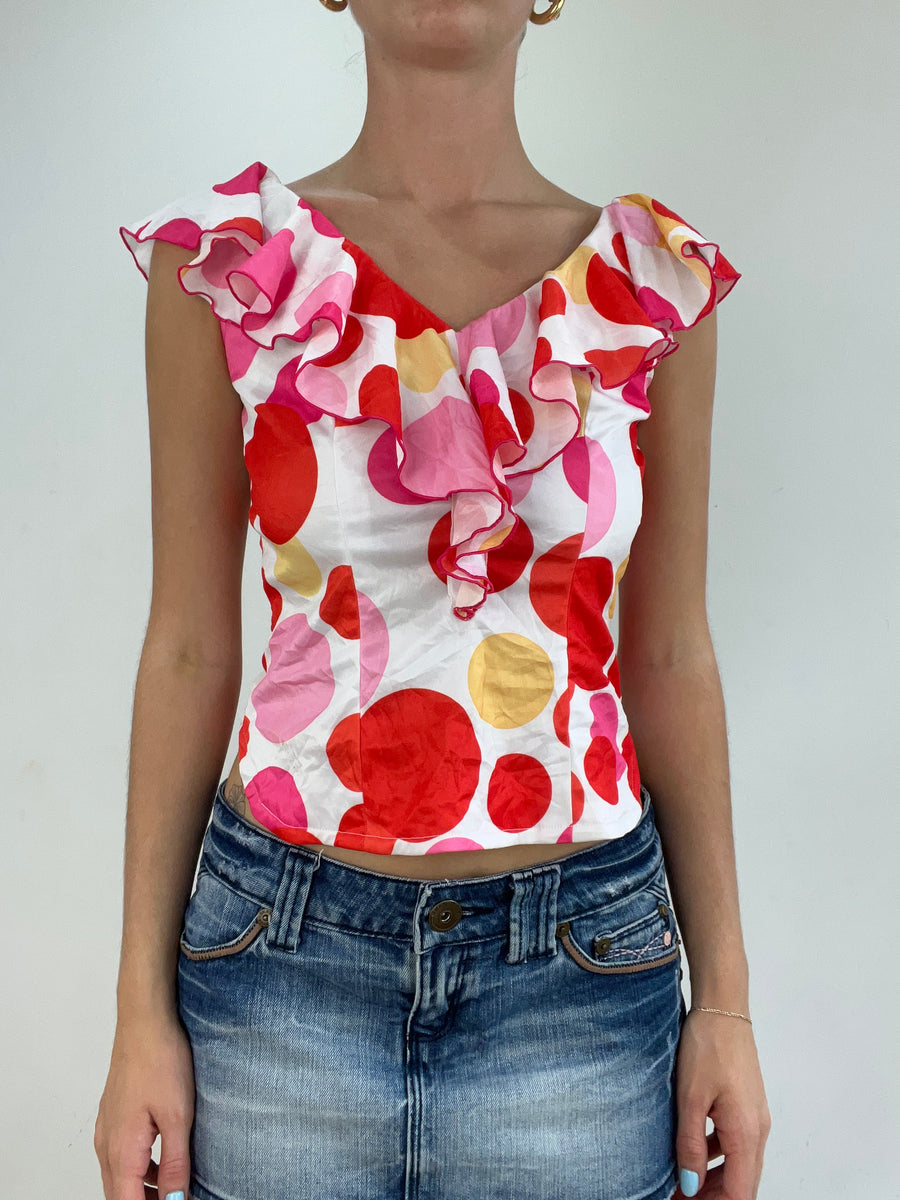 vintage edit twenty eight | small white and pink ruffle top with polka dot print