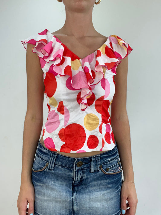 💻🩵 vintage edit twenty eight | small white and pink ruffle top with polka dot print