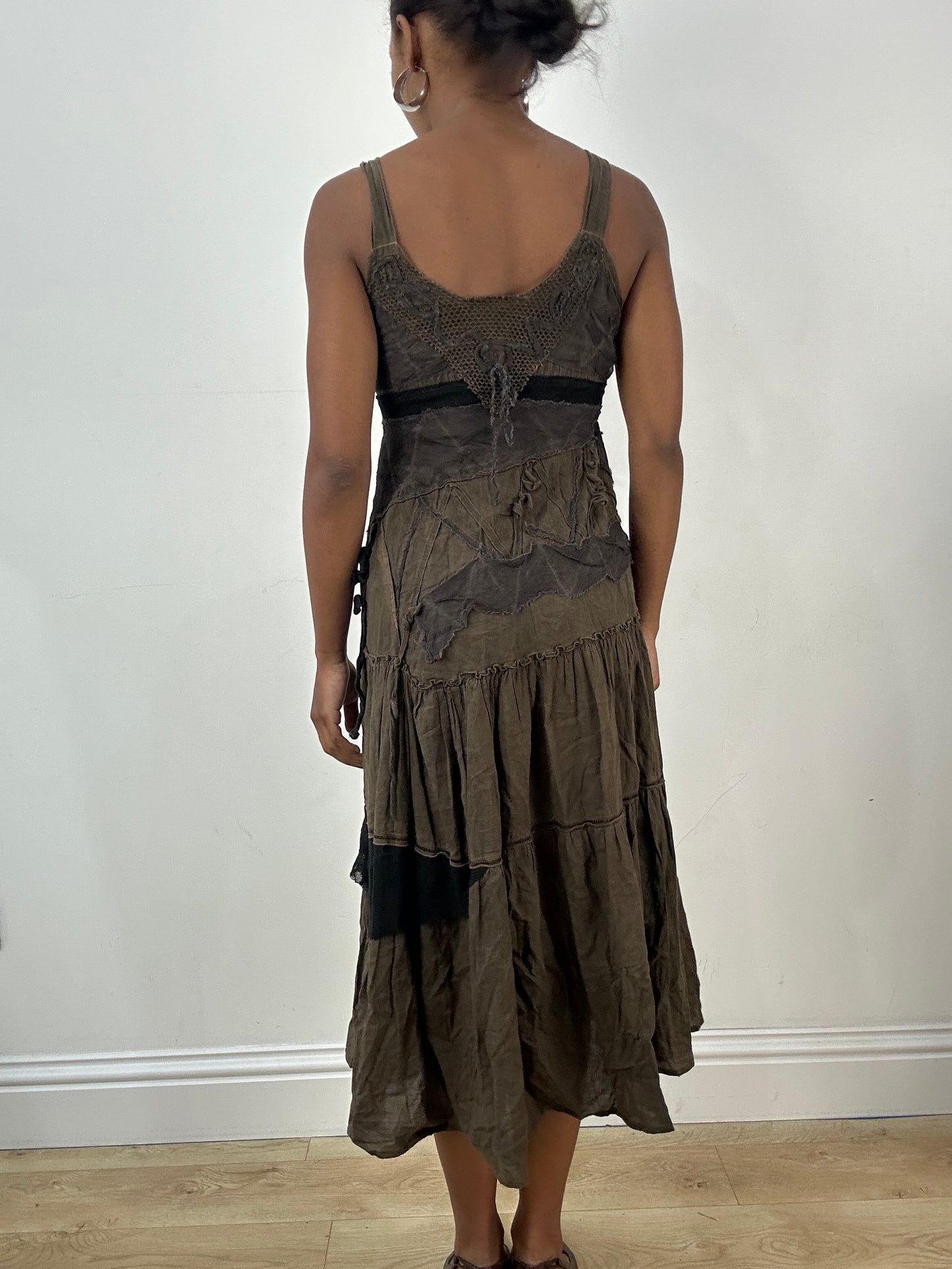 LFW edit | small khaki green tiered maxi dress with ruched bust