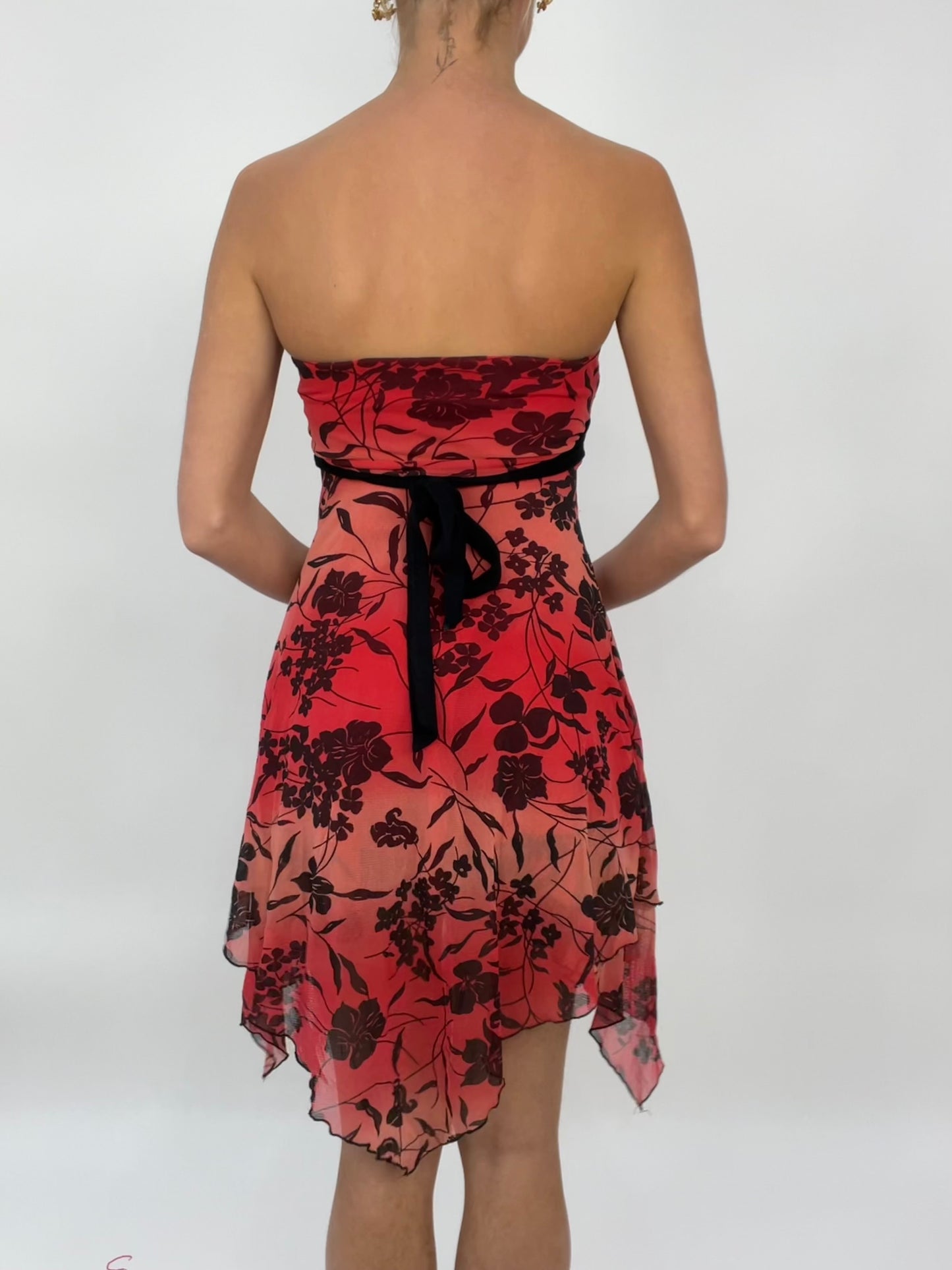 💻 COCONUT GIRL DROP | small red jane norman bandeau style dress with black floral print