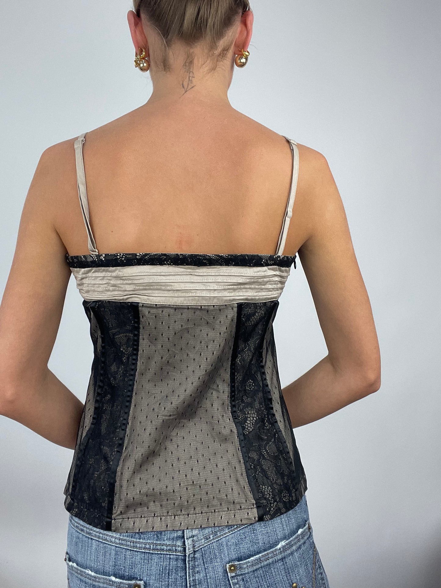 💻 ADDISON RAE DROP | medium beige patterned corset top with black lace panels