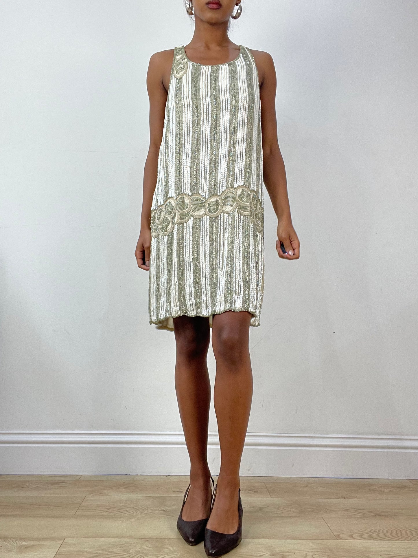 vintage edit: halloween | small white and green beaded midi dress