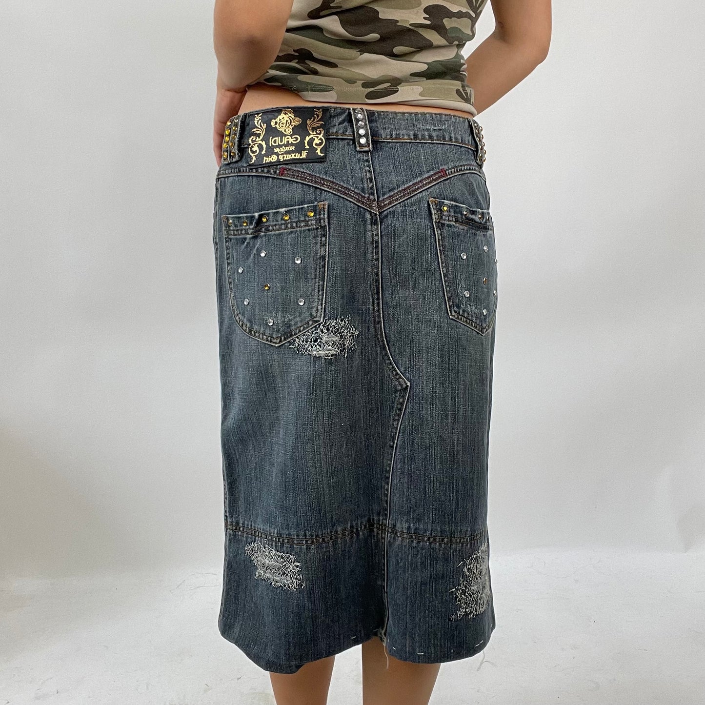 INSTA BADDIE DROP | small grey denim distressed skirt with diamanté detail