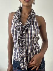 BEST PICKS | small blue and brown halterneck top with ruffle trim