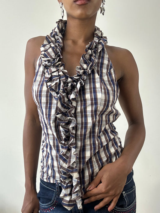 BEST PICKS | small blue and brown halterneck top with ruffle trim