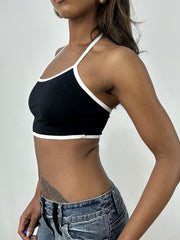 ‼️💻 small black halter neck top with white piping detail
