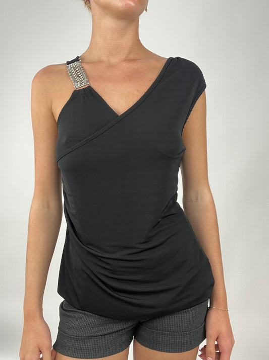 💚 TAYLOR SWIFT DROP | medium asymmetric black top with diamanté strap detail