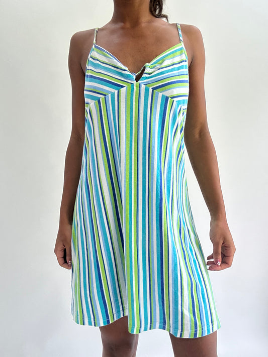 zara larsson drop | small green blue striped mini dress