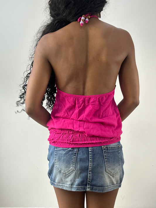 vintage edit: festival | small pink ruffle halterneck top with beading detailing