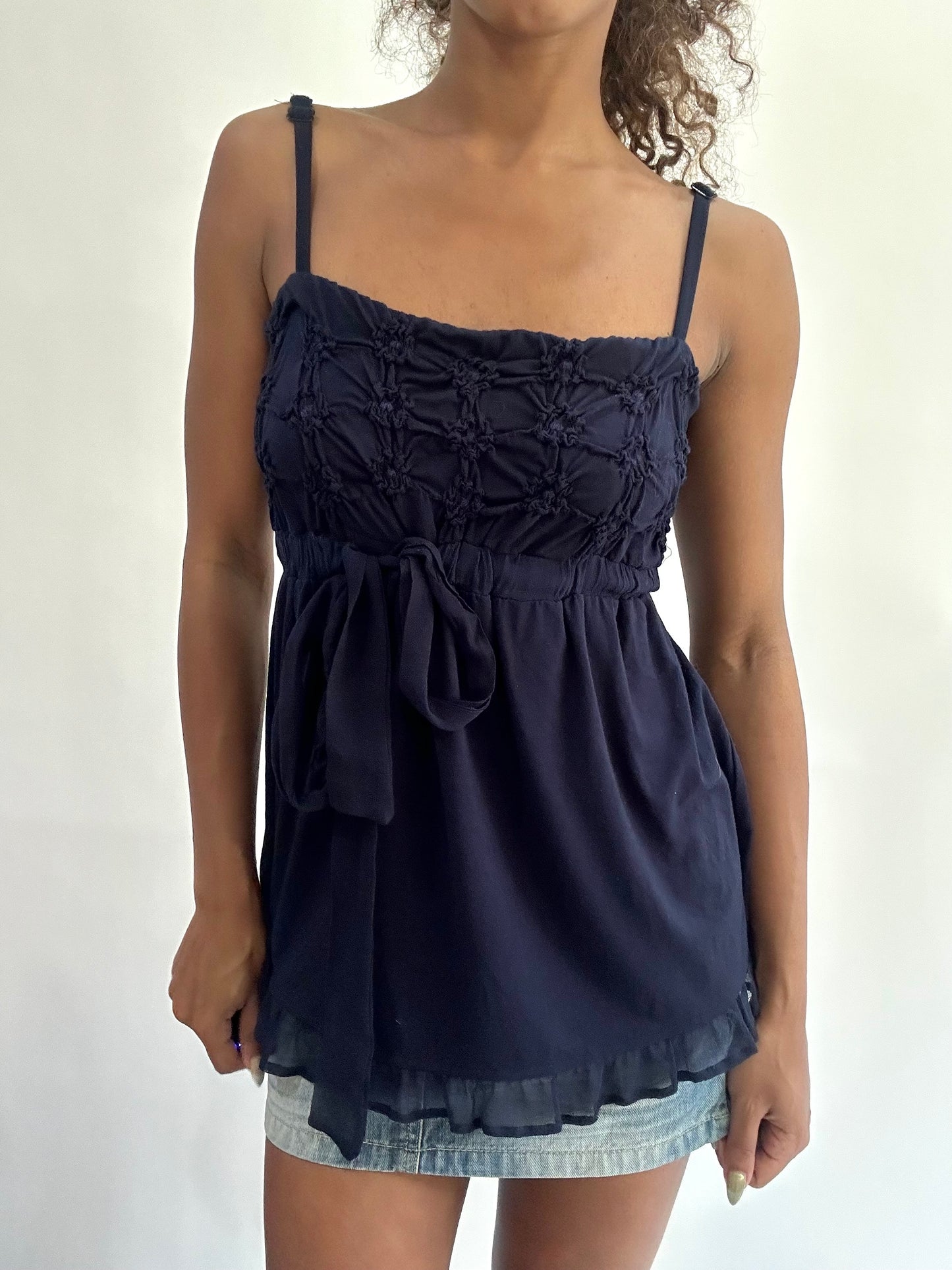 wag drop | small navy blue ruffle cami top