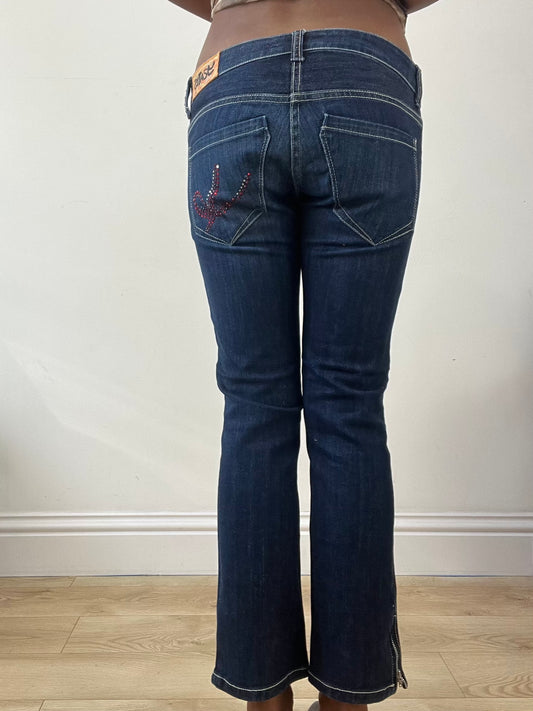 BEST PICKS | small blue denim bootcut jeans with rhinestone details