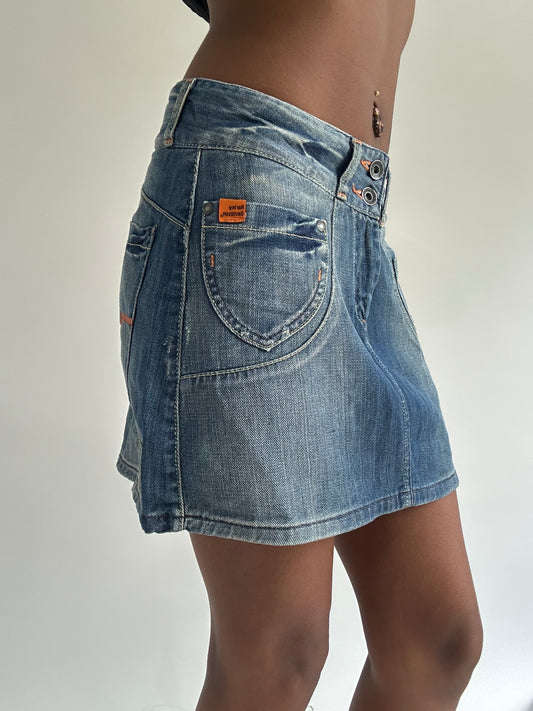 euro trash | small blue and orange harley davidson denim mini skirt
