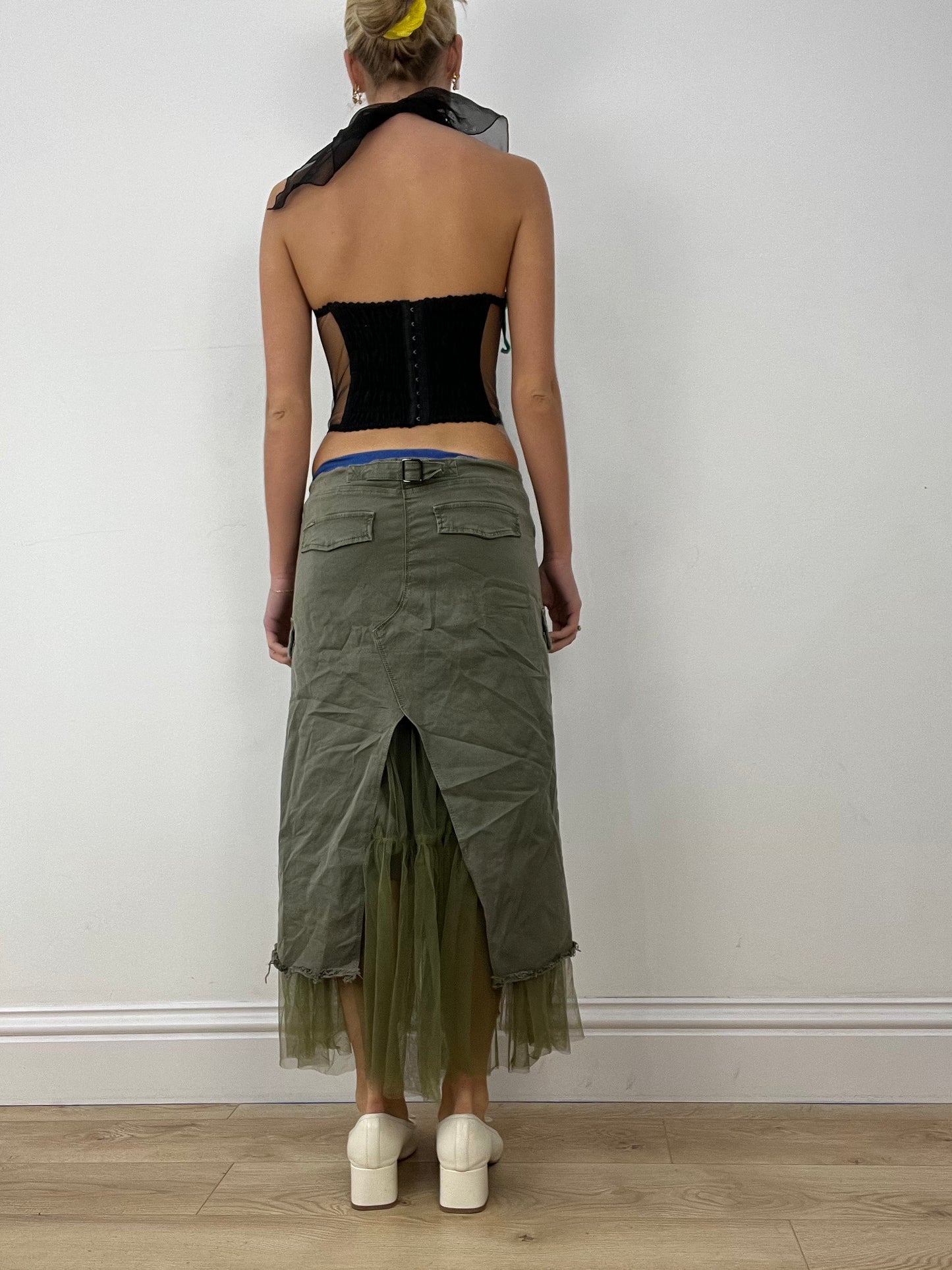 💻HALLOWEEN | medium khaki denim and mesh maxi skirt