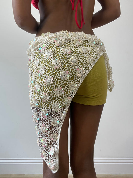 vintage edit thirty-one | white crotchet beach skirt with iridescent sequins