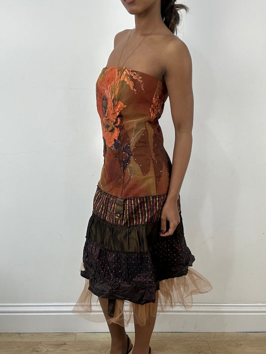 BEST PICKS | medium brown bandeau midi dress with floral print
