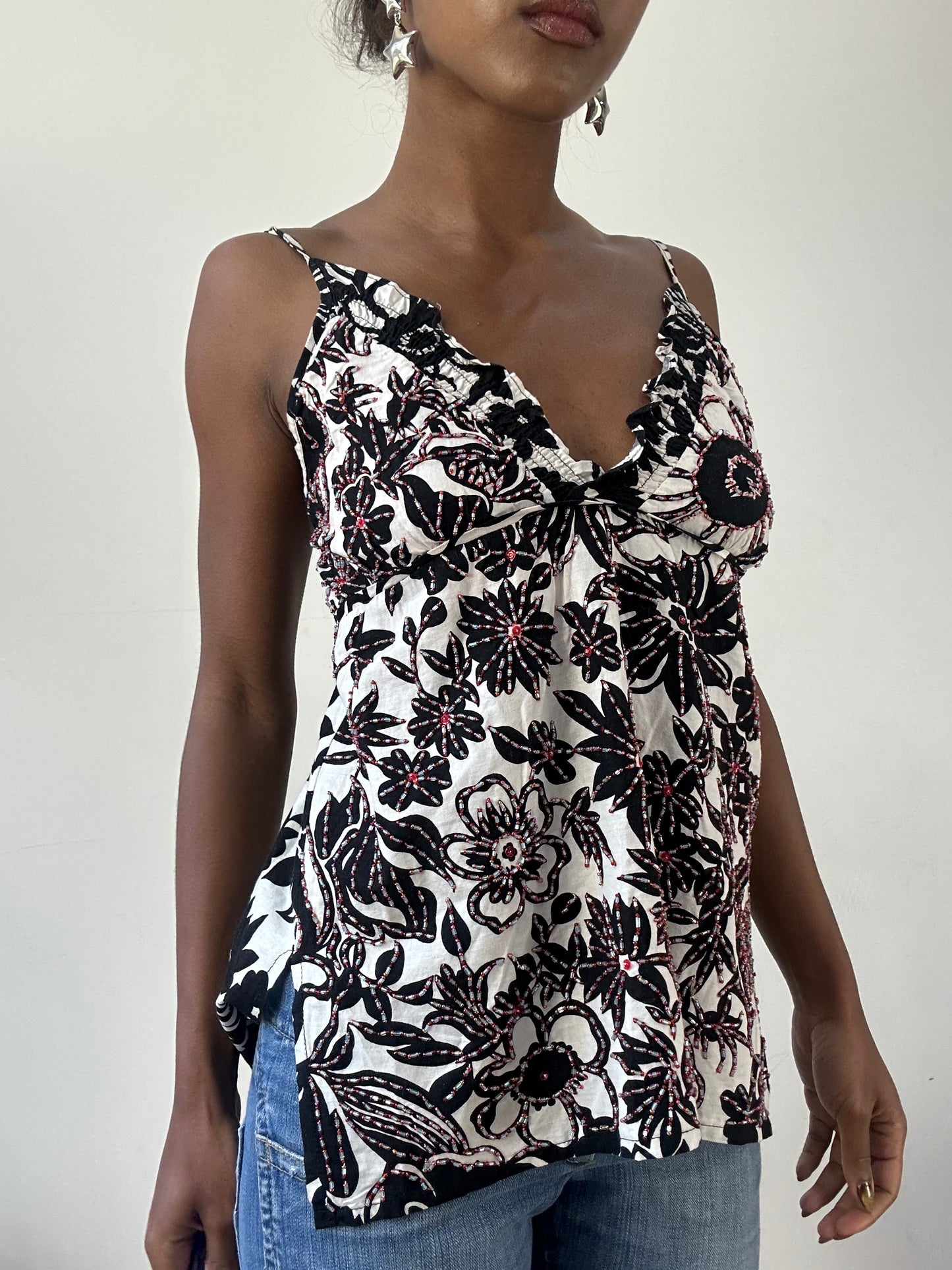 BEST PICKS | small white and black cami top with floral print