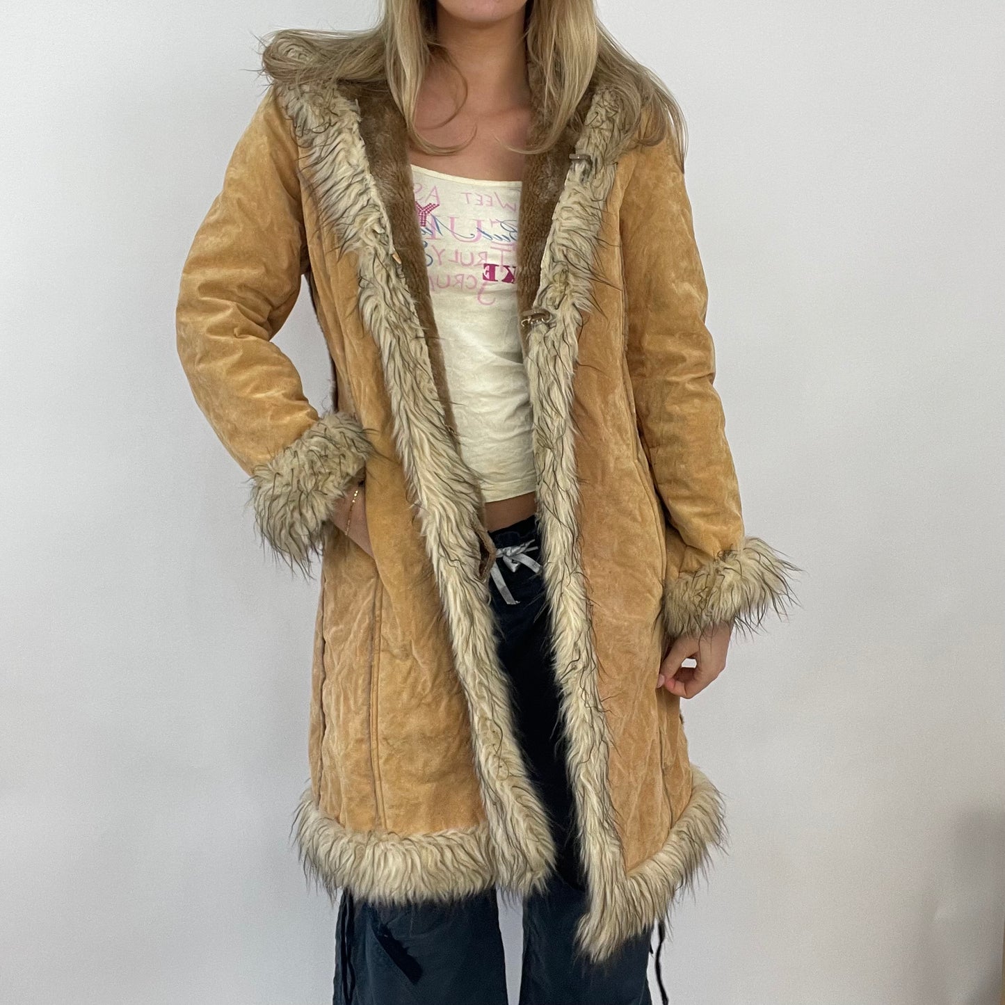 GIRL CORE DROP | xl light brown longline suede afghan style jacket with fur trim