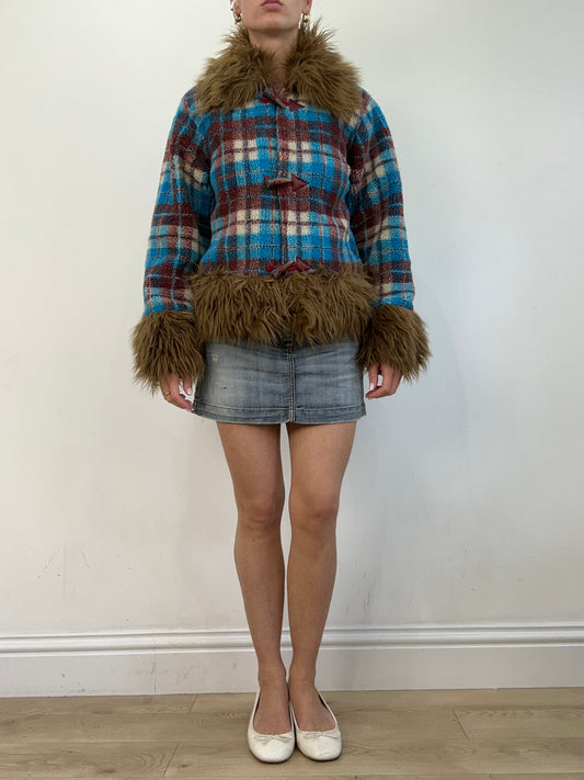 vintage edit twenty | medium blue and brown checkered gingham fleece afghan jacket
