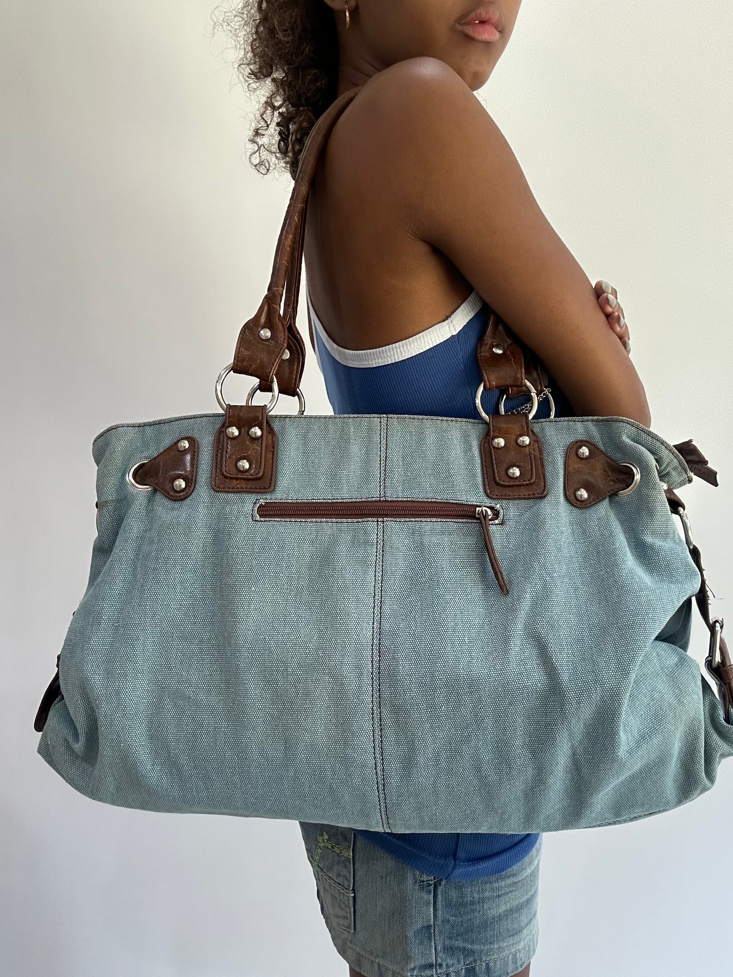 wag drop | blue and brown denim shoulder bag
