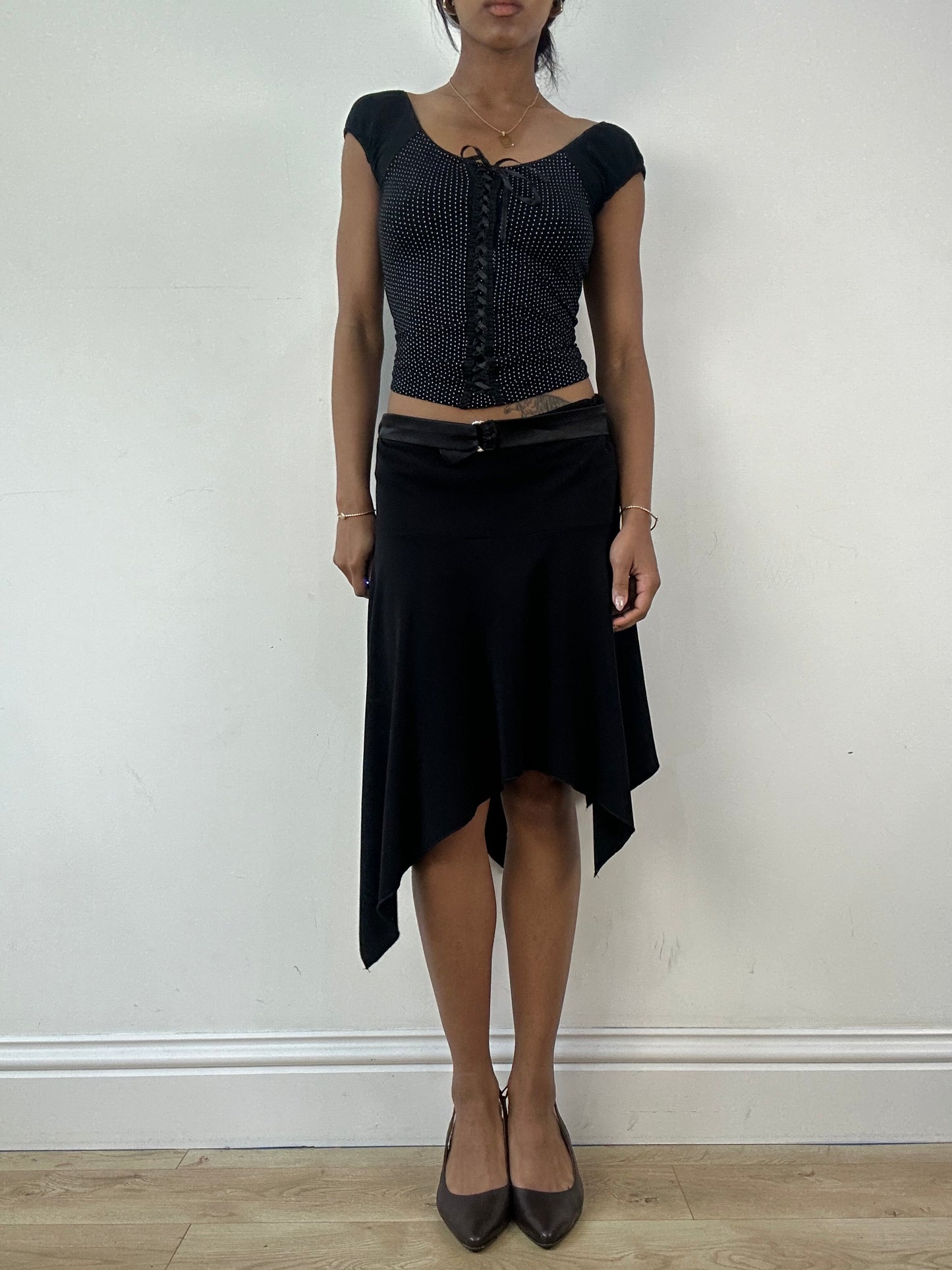 vintage edit twenty-one | small black asymmetric midi skirt with silver built in belt