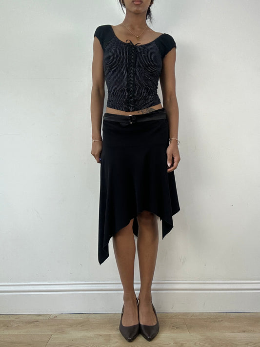 vintage edit twenty-one | small black asymmetric midi skirt with silver built in belt