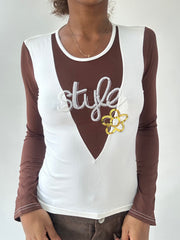 💻‼️ | small white and brown long sleeve top with sequin details