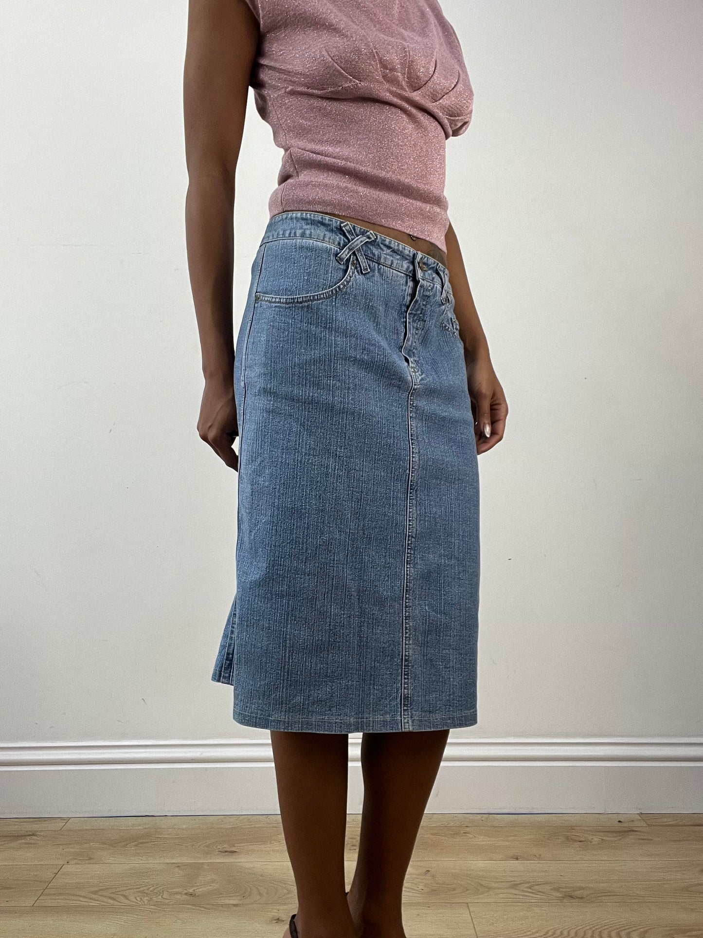 BEST PICKS | small light blue denim midi skirt with pleated back detail