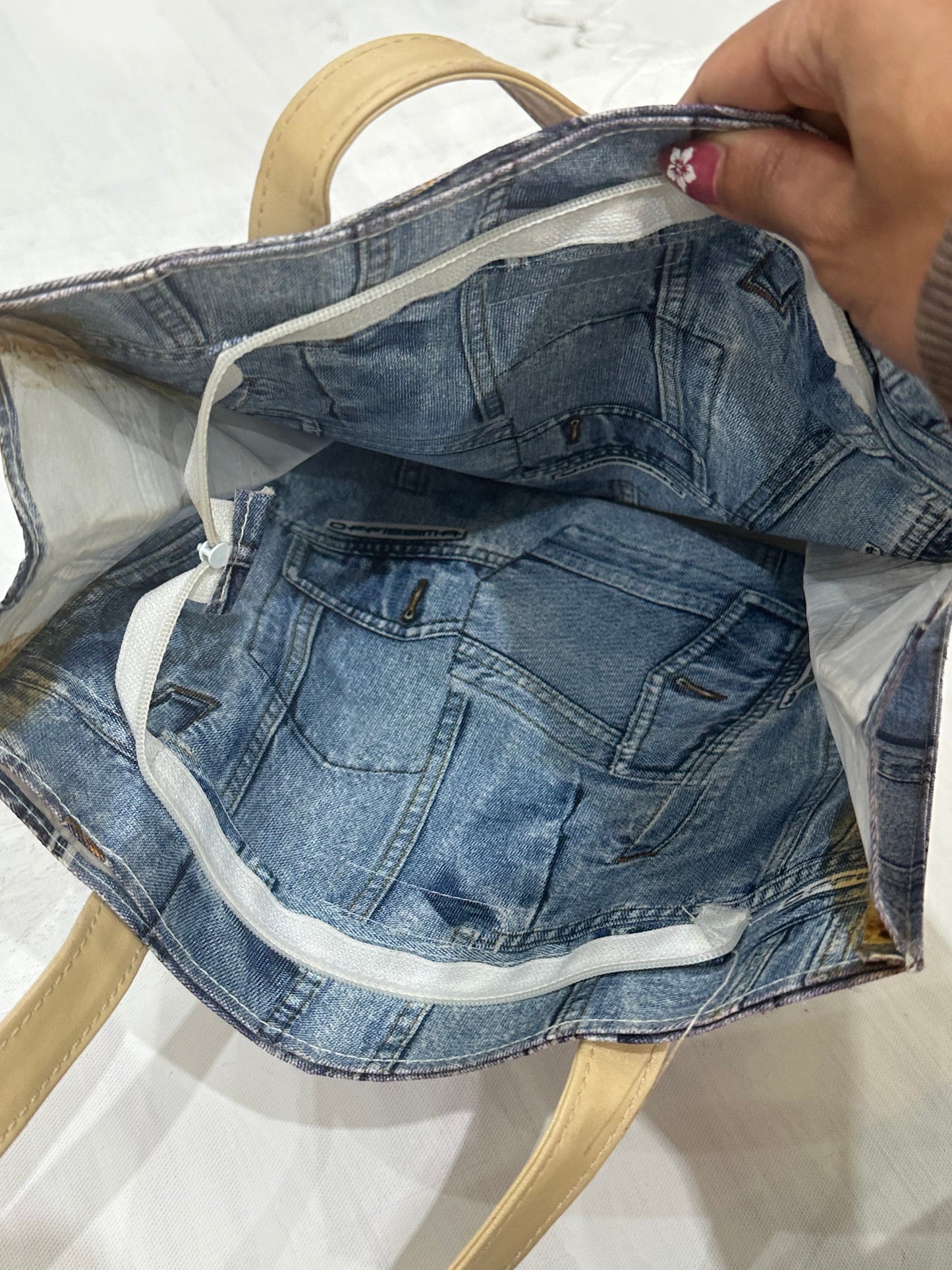 zara larsson drop | purple and blue denim print shoulder bag