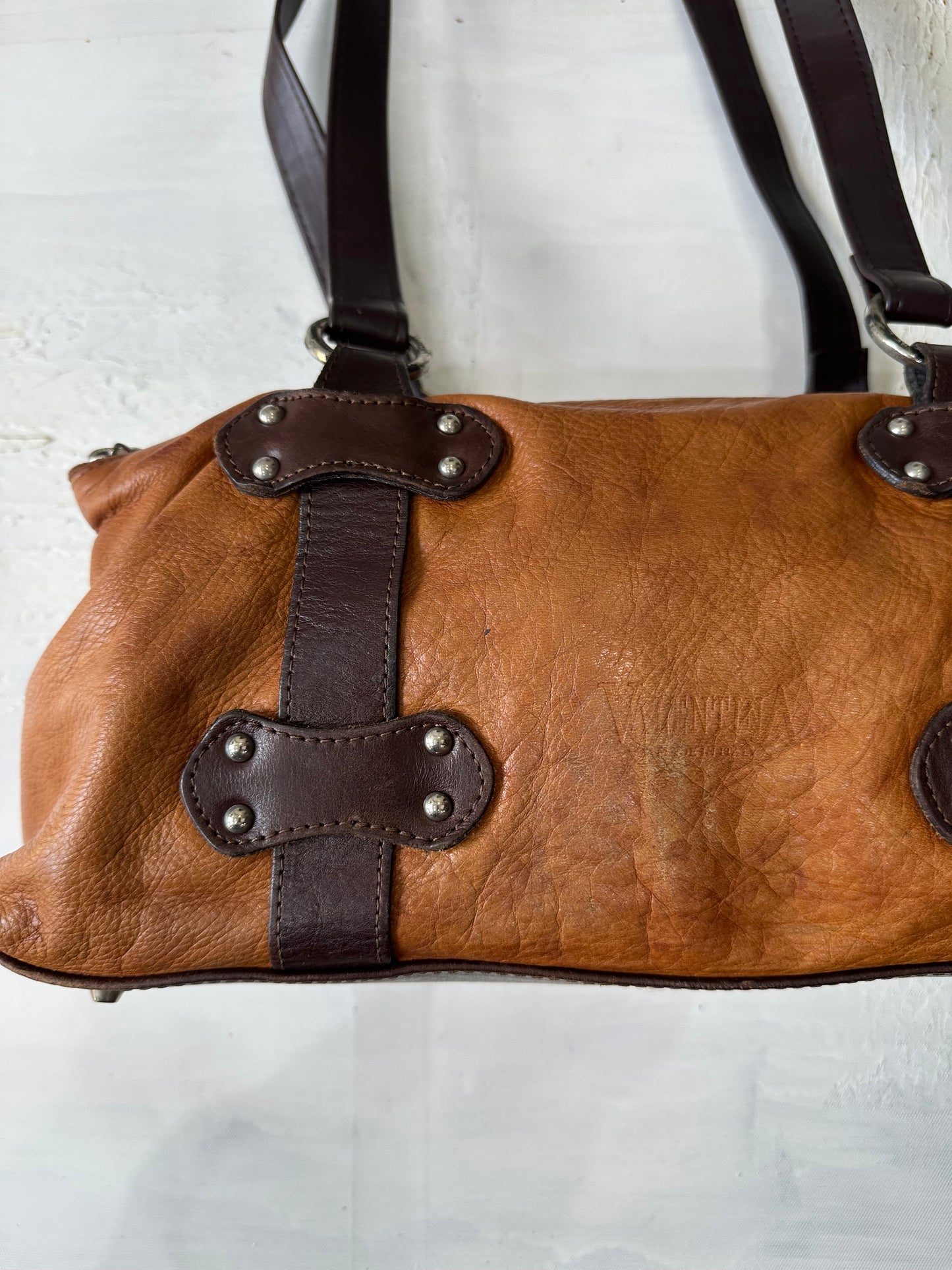 AUTUMN EDIT | brown faux leather shoulder bag with strap and stud detailing