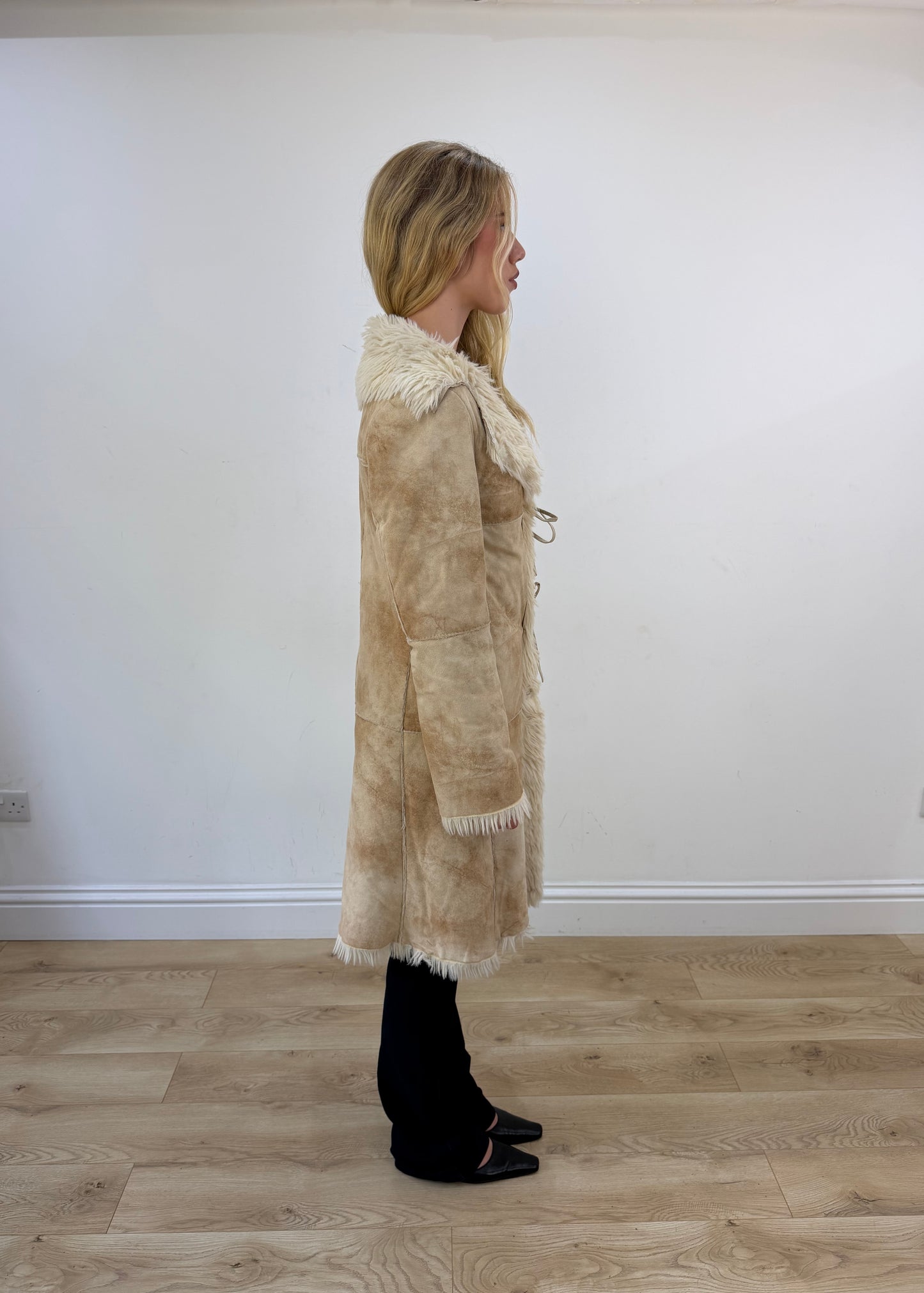 medium beige suede afghan coat with faux fur trim