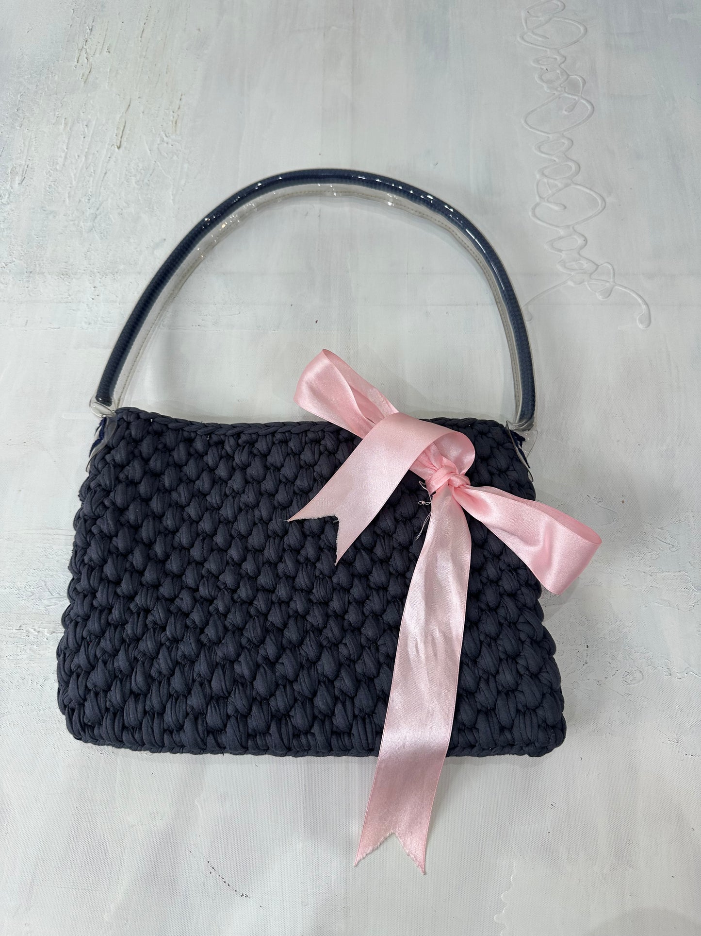 vintage edit: halloween | blue crochet shoulder bag with pink ribbon detail