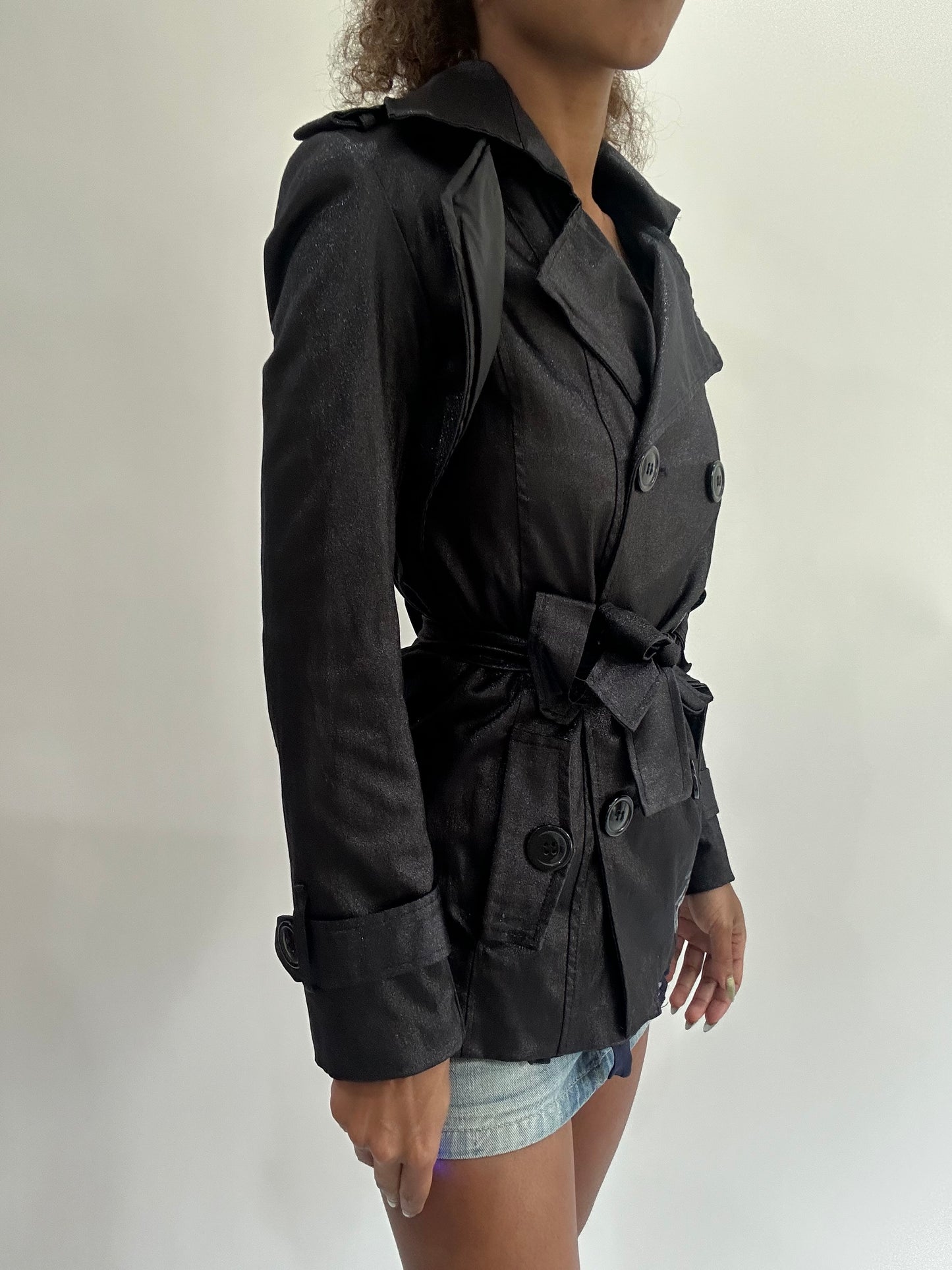 wag drop | extra small black satin style cropped trench coat