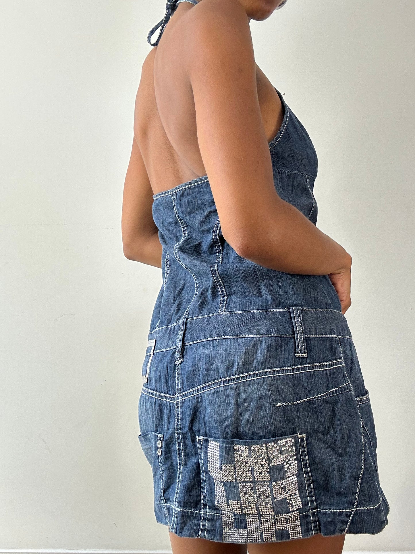 vintage edit twenty-seven | small denim halterneck mini dress with diamanté buttons