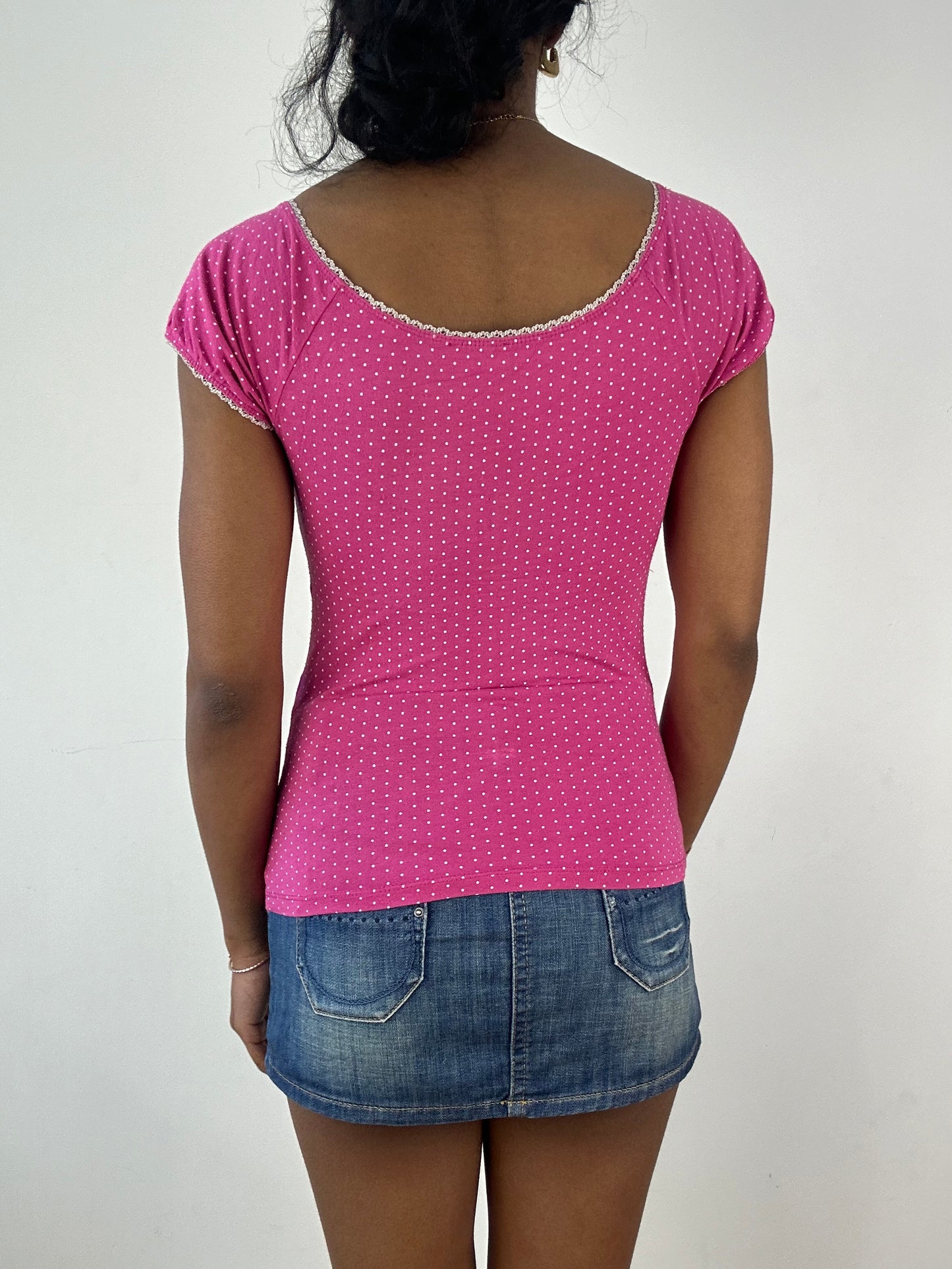 vintage edit: tops | medium pink and white polka dot milkmaid style top
