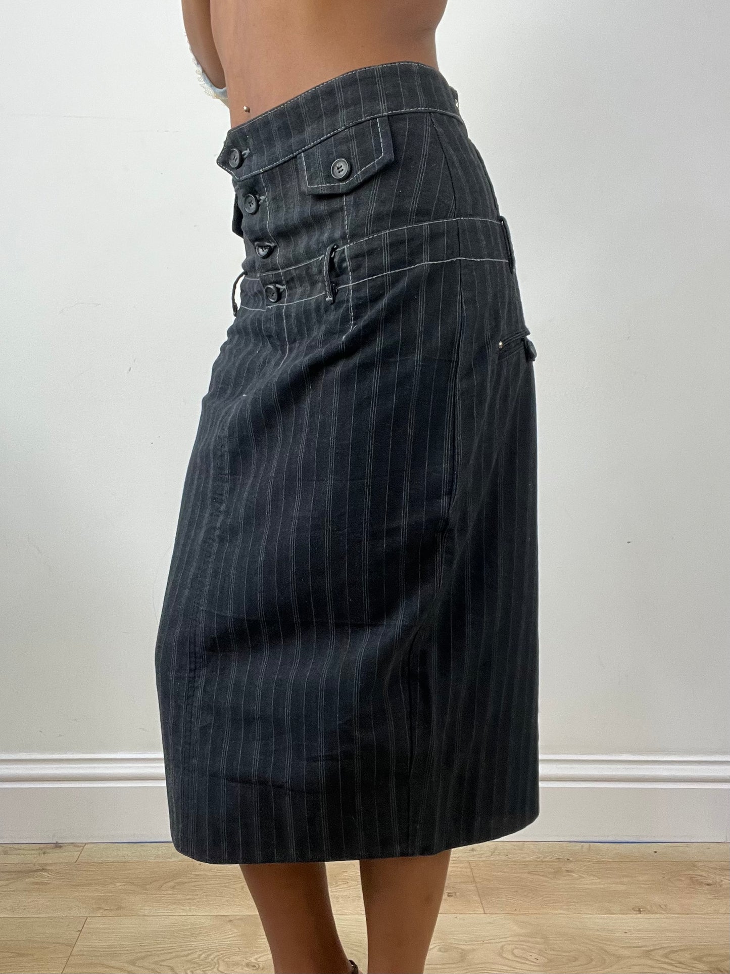 vintage edit thirty-four | small navy midi skirt with pinstripe detail