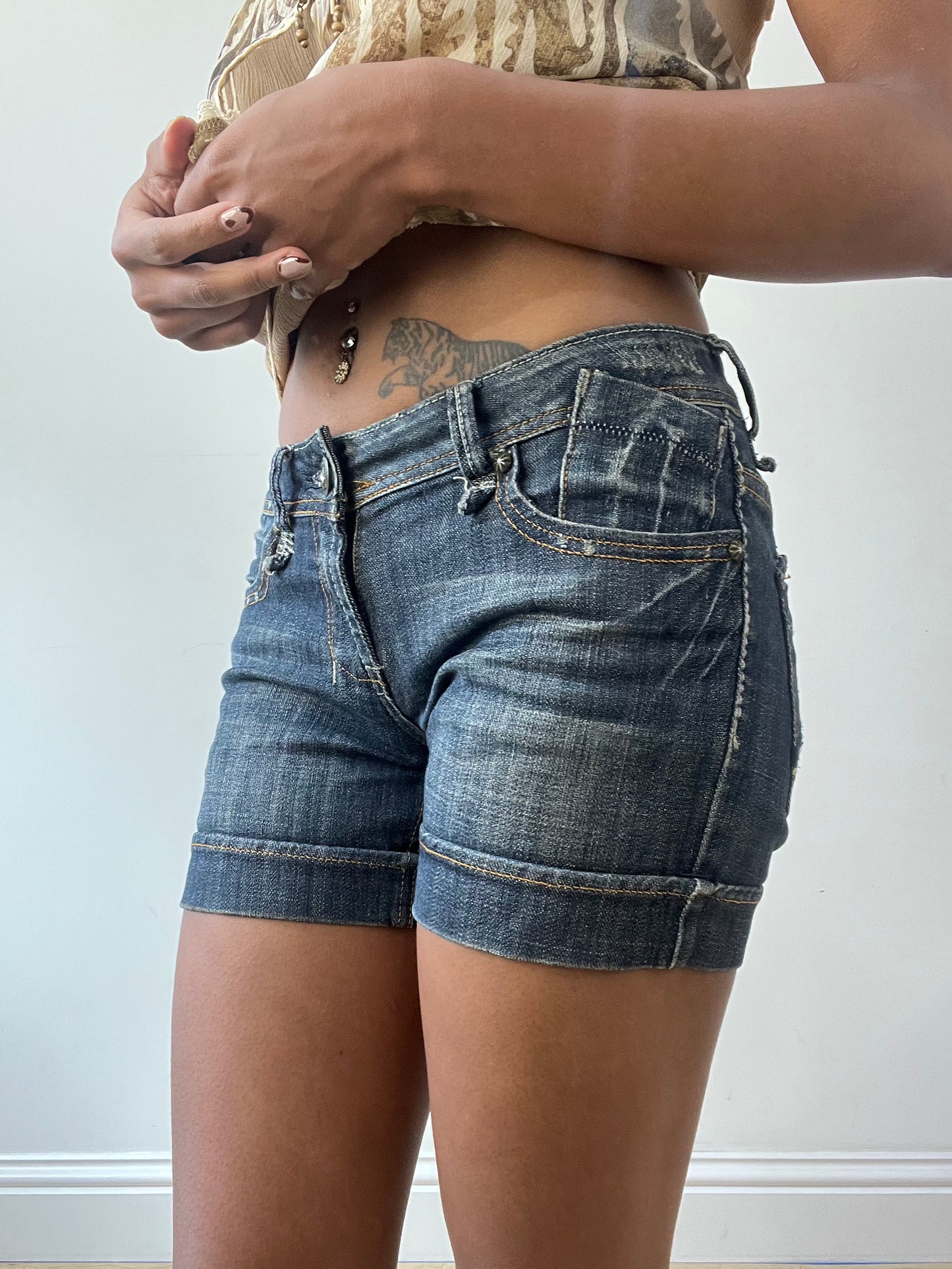 vintage edit thirty-one | extra small blue denim mini shorts with rhinestone button