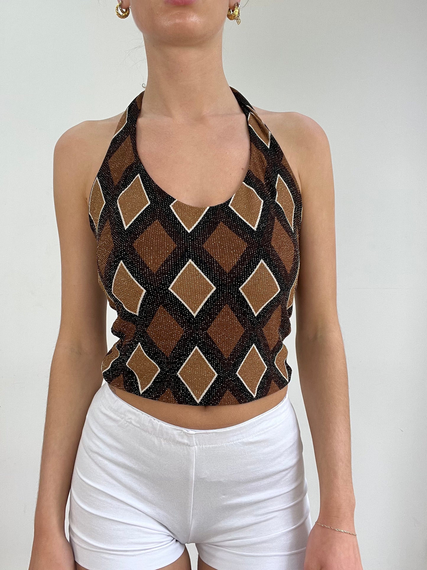 #339 SAMPLE SALE | small brown sparkly halter neck top