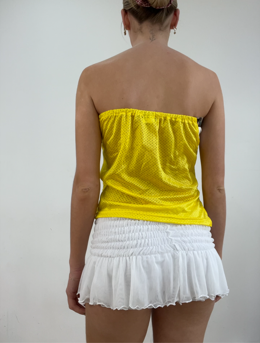 color: amarillo · material: punto jersey · prenda: top bandeau · detalles: camuflaje + estampado + 💻 + ‼️