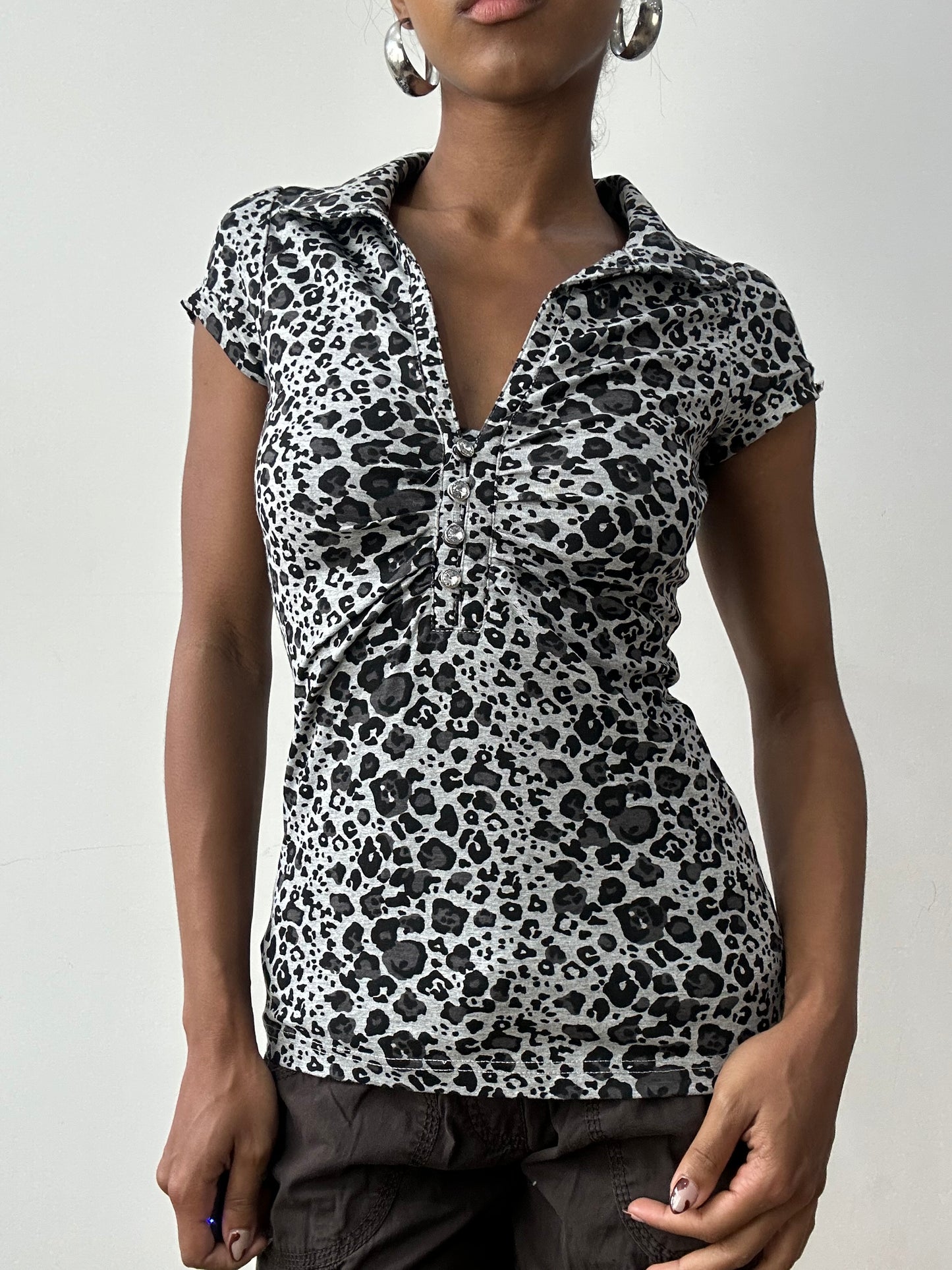 midsummer edit | small grey leopard print top with diamanté buttons
