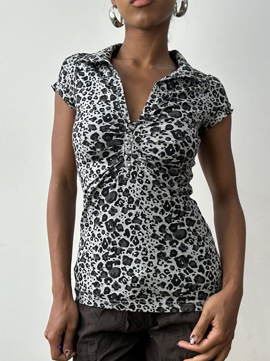 midsummer edit | small grey leopard print top with diamanté buttons