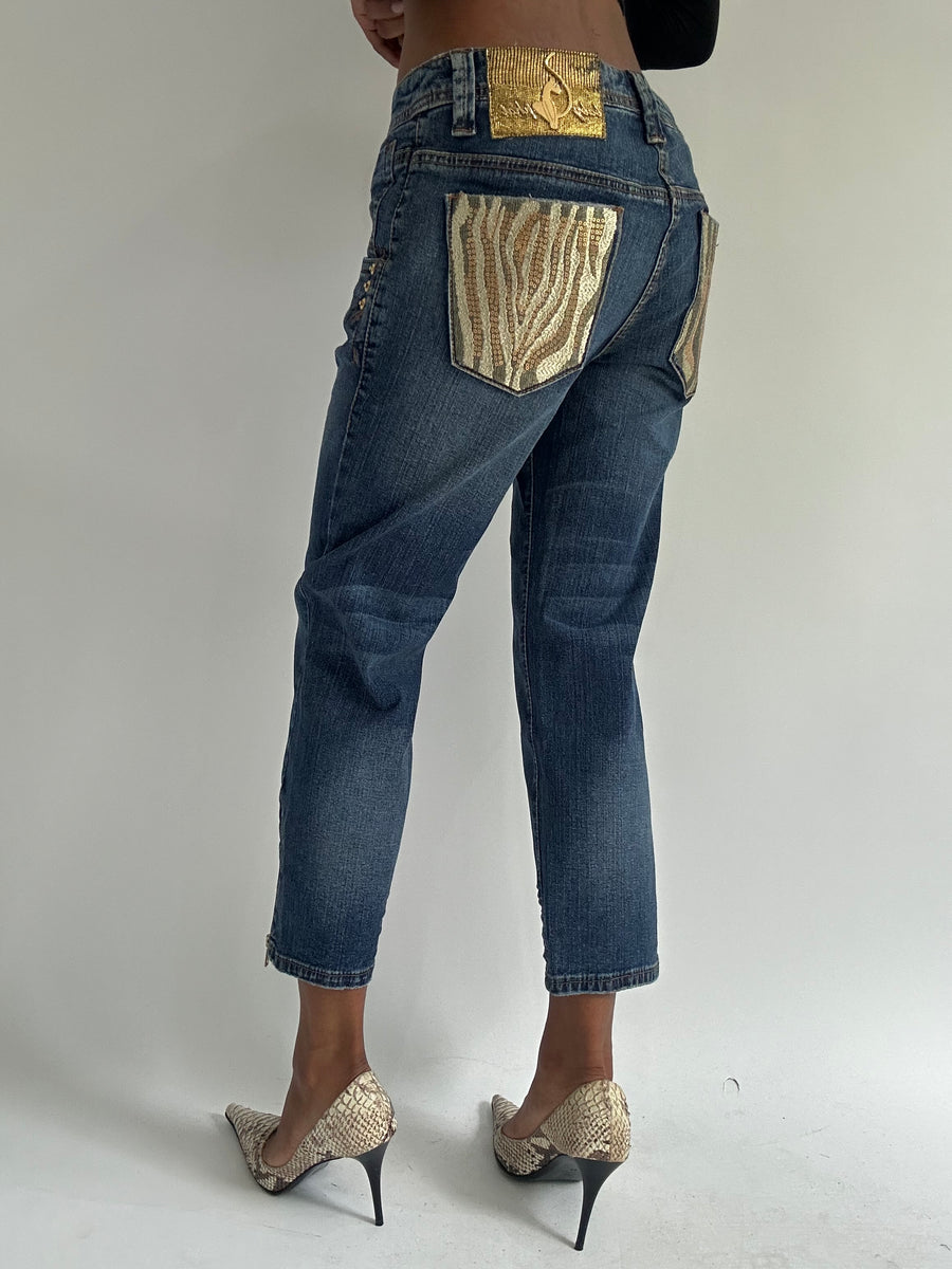 euro trash | medium blue denim cropped jeans with gold zebra detail pockets