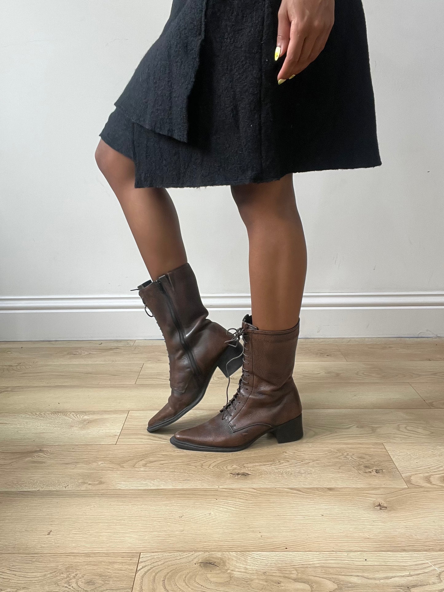 vintage edit thirty-two | brown faux leather heeled lace up boots