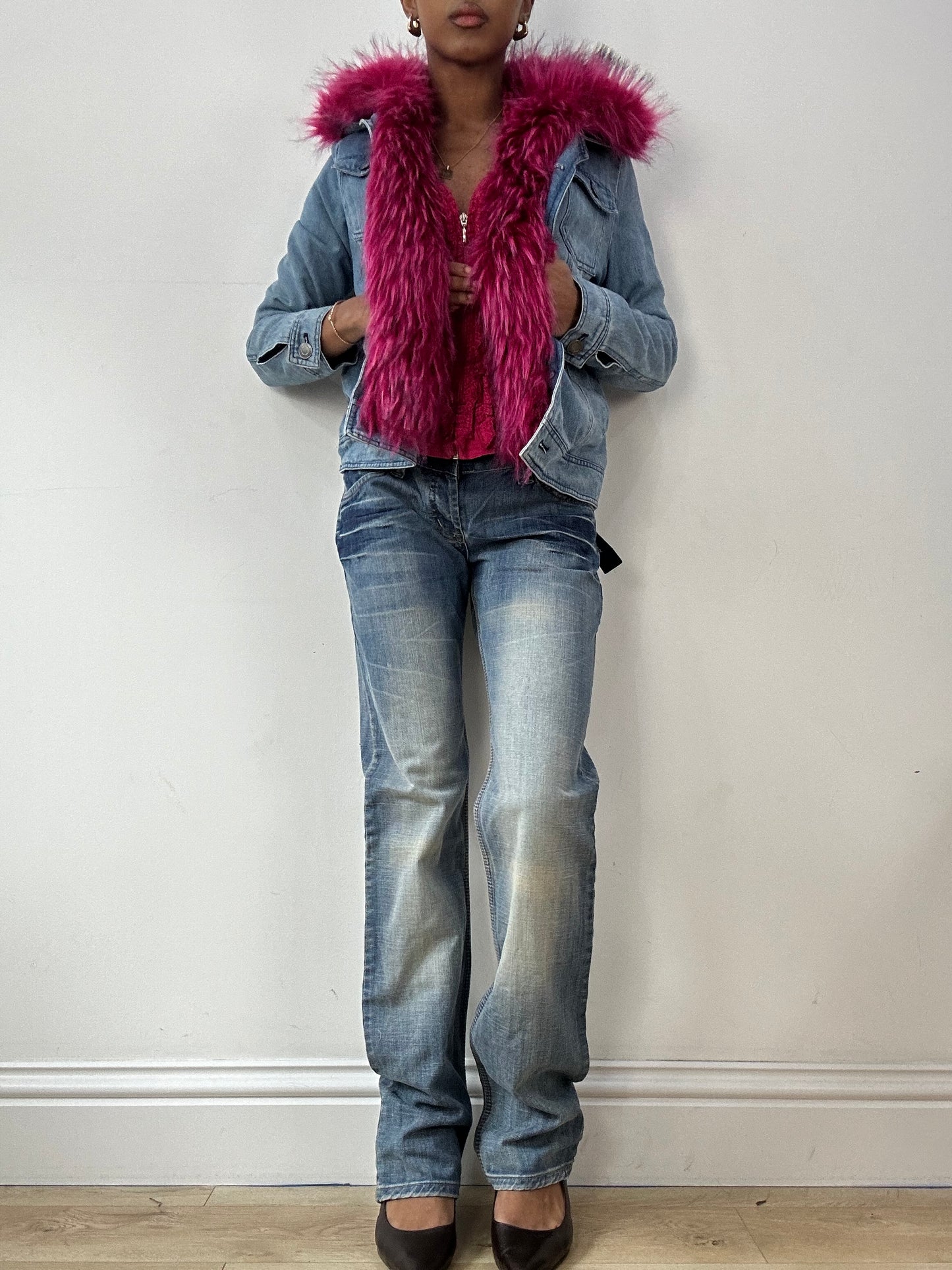 vintage edit fifteen | small denim blue and pink faux fur jacket