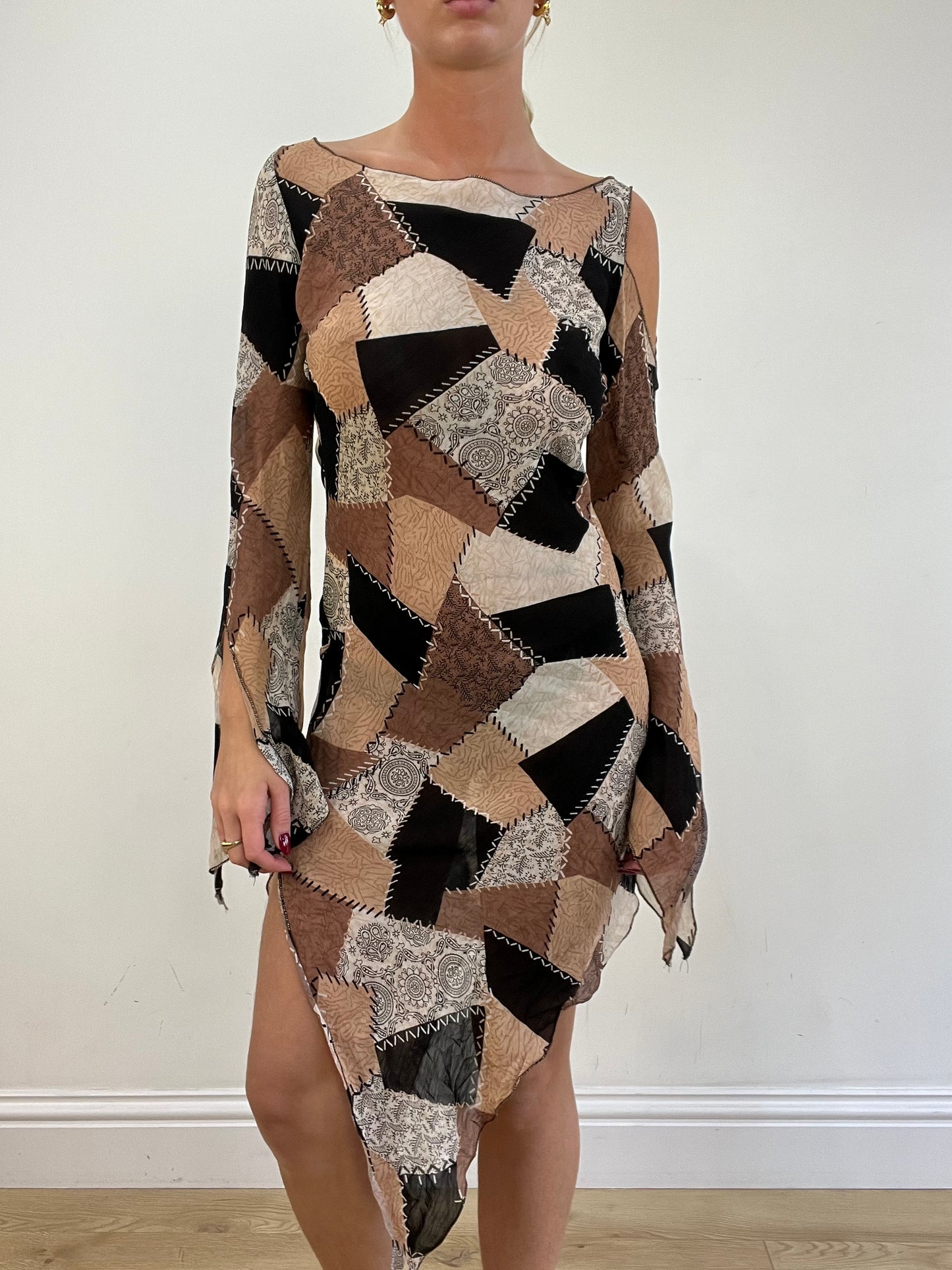 vintage edit thirteen | small black and brown patchwork style asymmetric dress