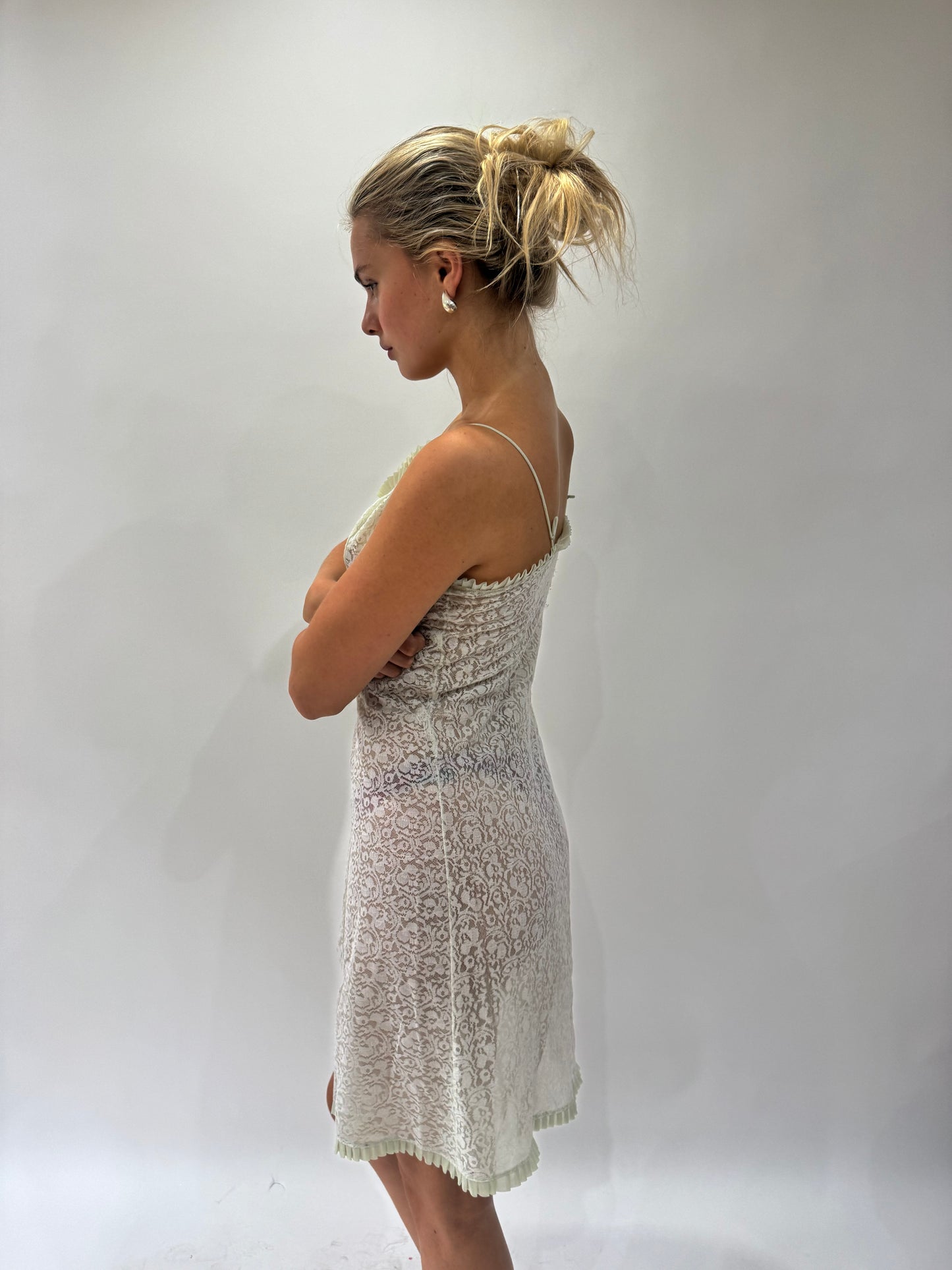 french summer drop | small green lace mini dress