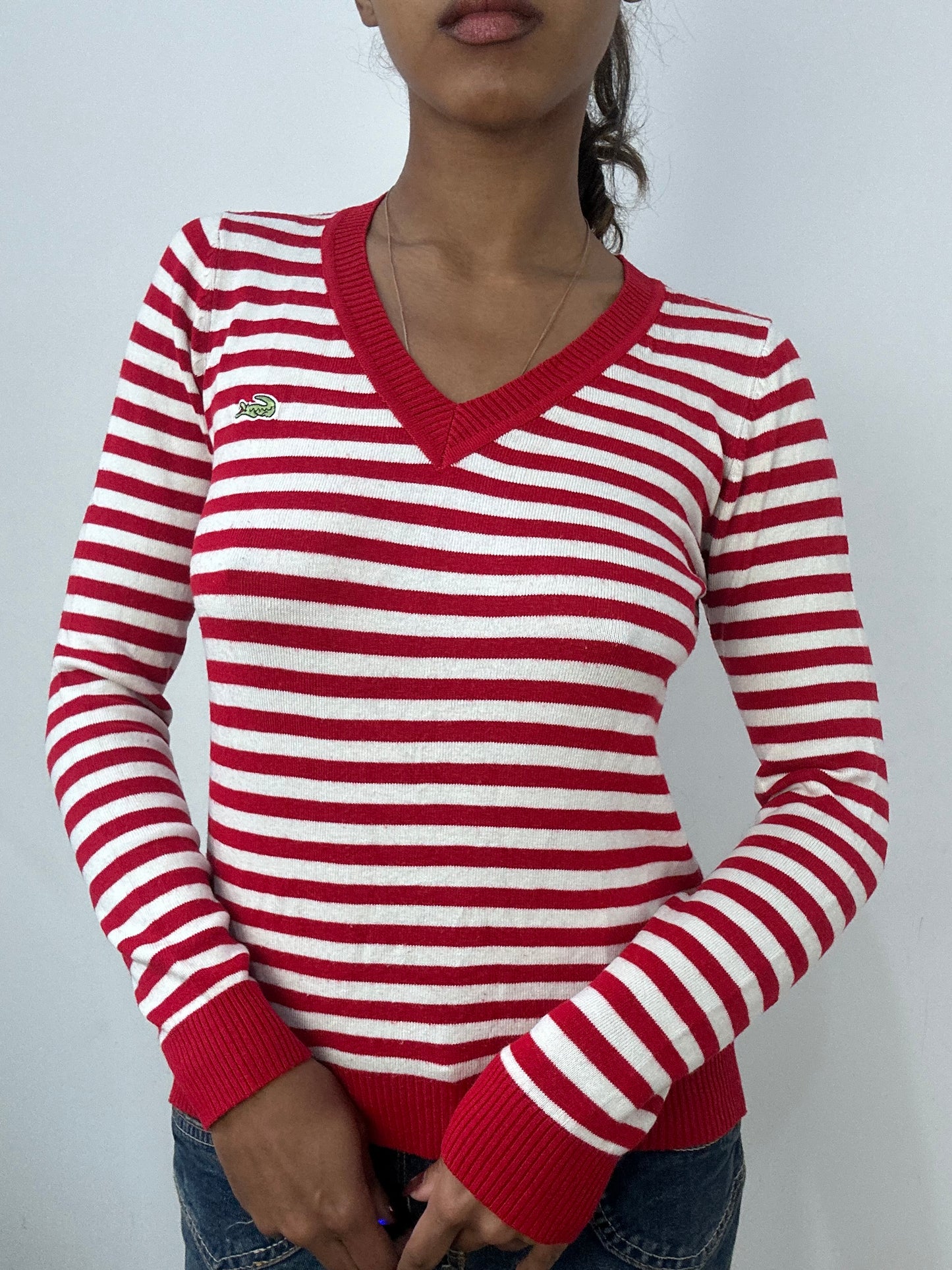 BEST PICKS | small red lacoste long sleeve striped jumper